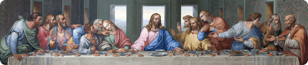 A wide panoramic painting of the Last Supper with Jesus at the center and the apostles grouped along a long table.